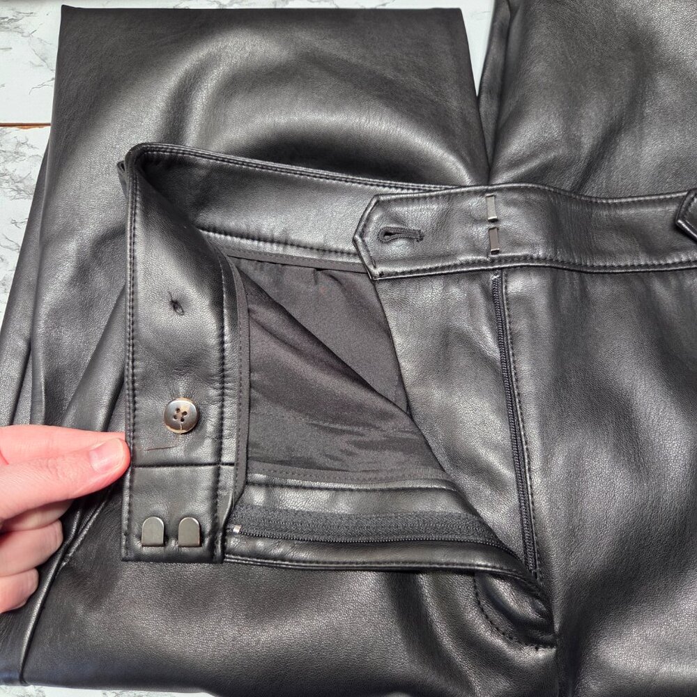 Ann Taylor Size 2 Black Faux Leather High Rise Straight Leg Pants Button Detail - Picture 7 of 10